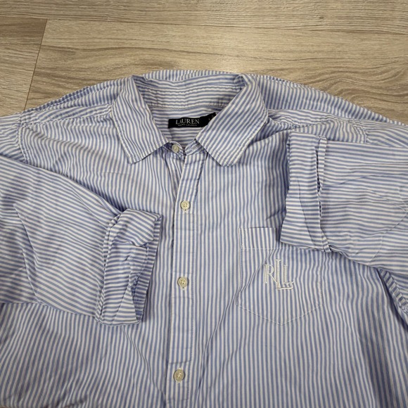 Lauren Ralph Lauren Blue White Striped Button Down Shirt Dress Embroidered Sz L - Picture 7 of 7